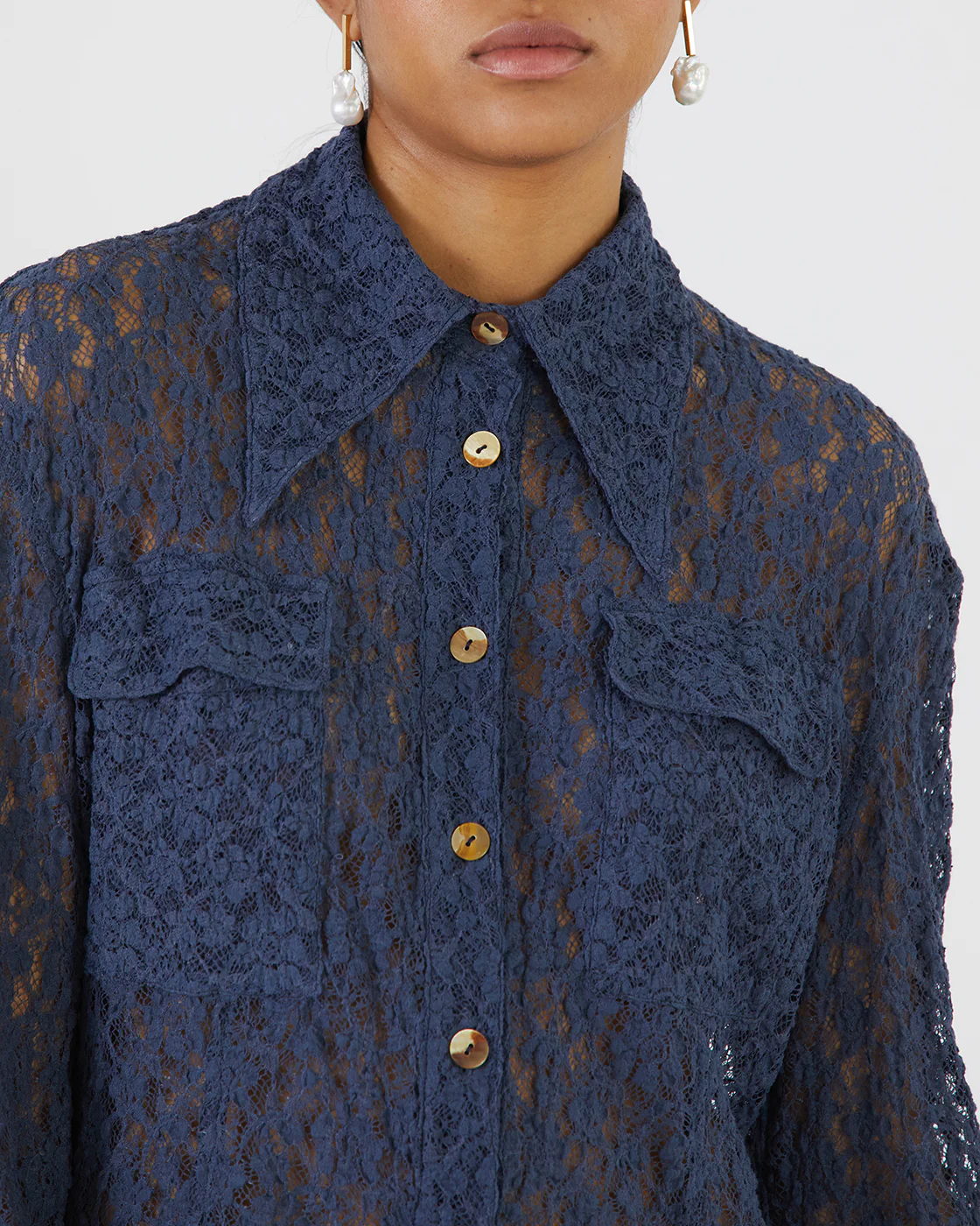 Camille Shirt Cotton Blend Lace Navy - Image 4